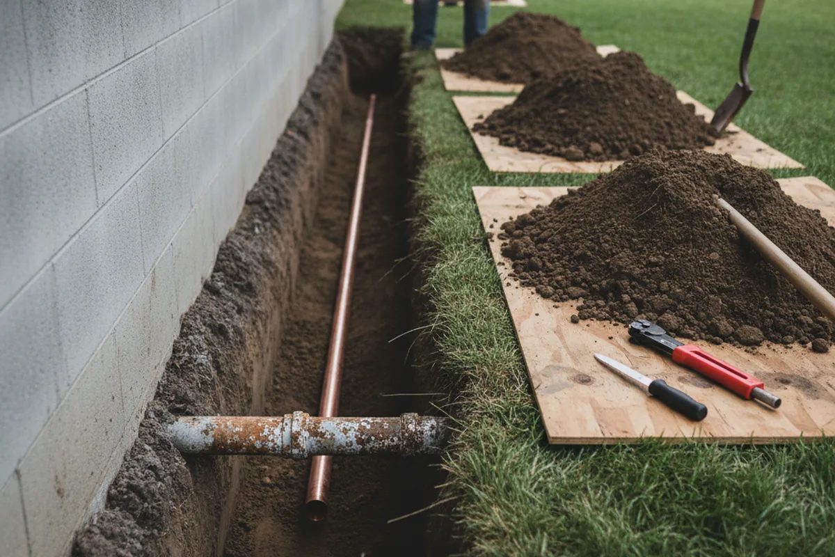Excavated water line trench during Water Softener Installation in Childwold